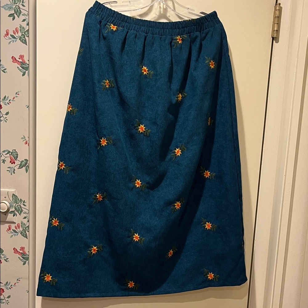 Floral Embroidered Blue Skirt
